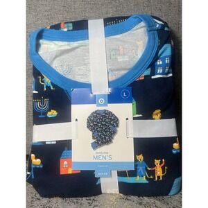 Hanukkah Menorah Men's Blue  Pajama Set Dreidel Lion Jewish Size‎ L